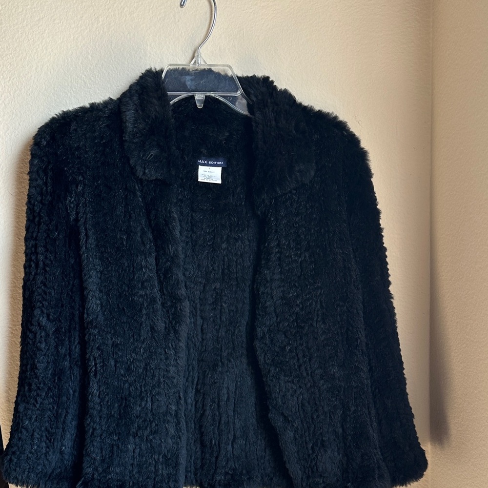 Max Studio Plush Black Teddy Jacket 100% Rabbit